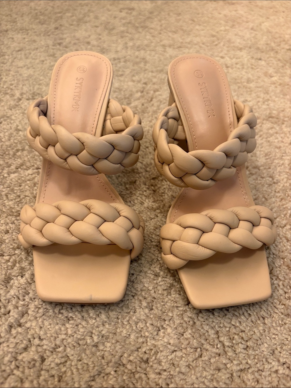 Braided Double-Strap Slide Heels in Nude